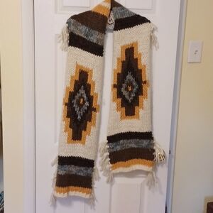 World Market, NWT, Navaho knit, fringed oversize scarf in cream, green, brown
